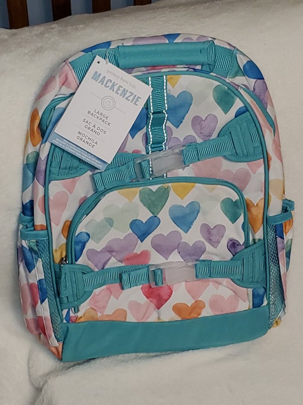 POTTERY BARN KIDS AQUA RAINBOW HEARTS LARGE MACKENZIE Backpack NWT! HTF! - Picture 2 of 12